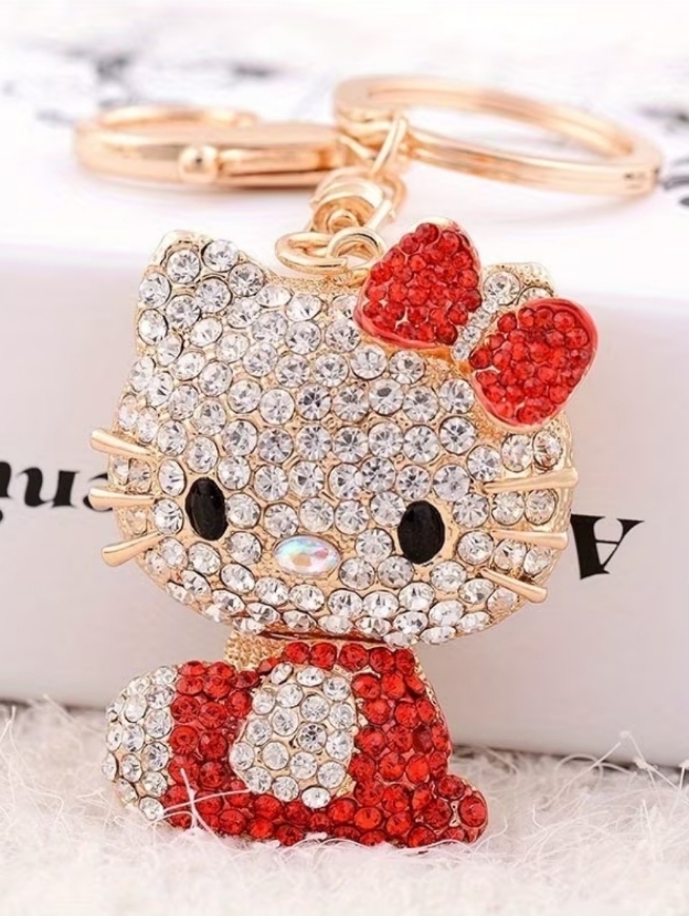Fashion Jewelry Gold Tone Cat Keyring/ Bag Charm- Hello Kitty Inspired